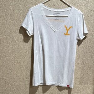 Kimes Ranch White V-Neck Tee with Yellow Logo